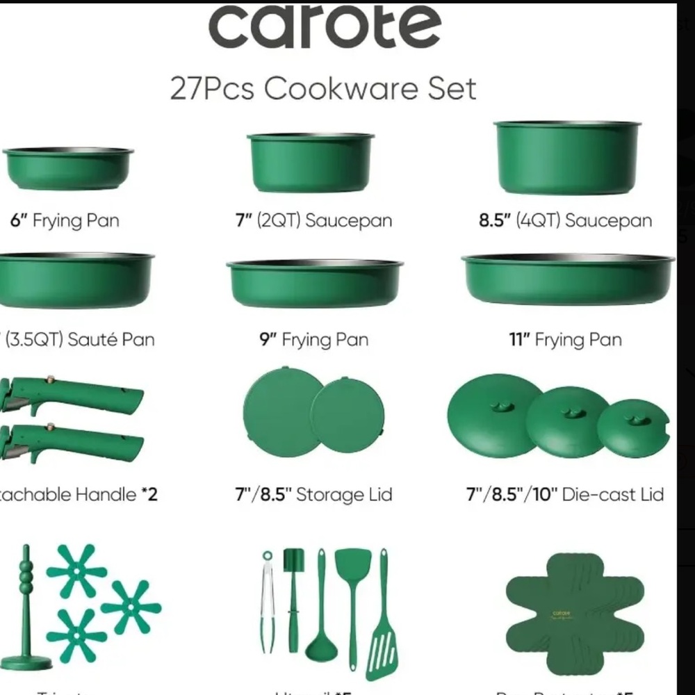Carote Cookware Forest Green Click On Handles 27 PC Set New In Box - Picture 9 of 17